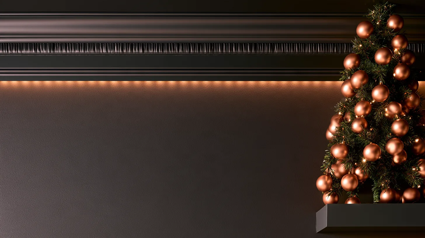 Dark wall featuring a small Christmas tree with ornaments and soft lighting, creating a warm festive atmosphere.