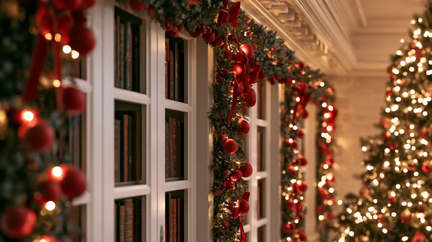 Decorated bookshelves with garlands and ornaments, creating a festive holiday atmosphere.