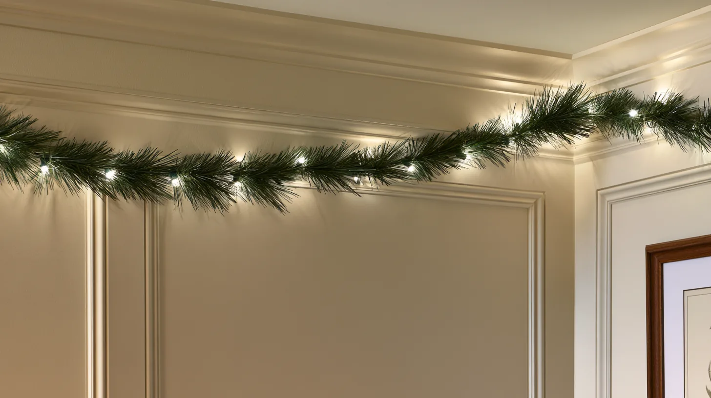 Decorative garland with lights draped along a wall, creating a warm and inviting atmosphere.