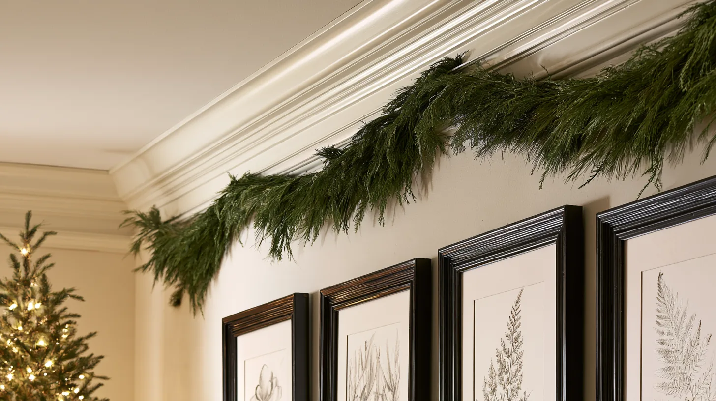 Decorative greenery along the wall with framed botanical art, creating a festive holiday ambiance.