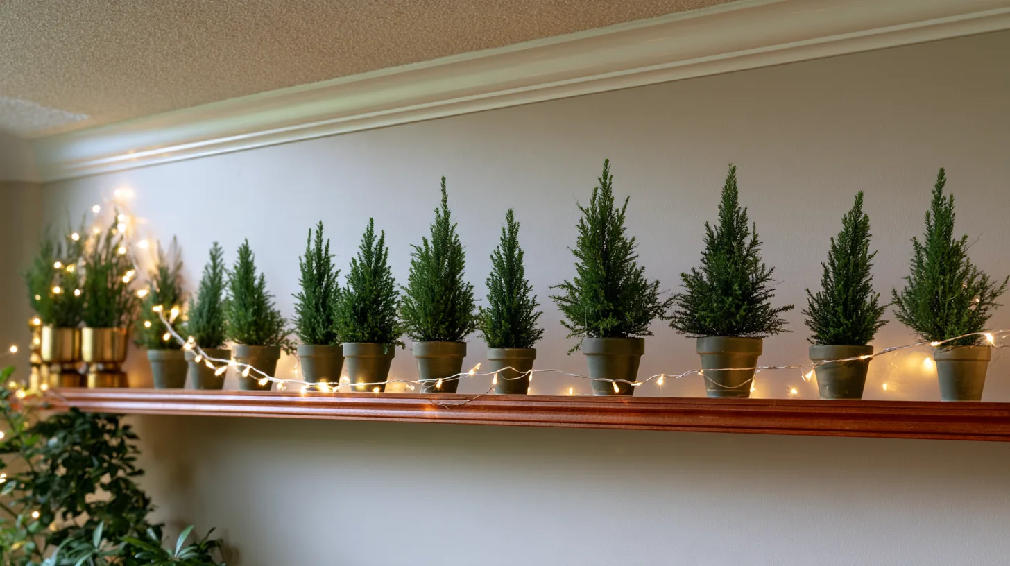 Decorative potted plants with twinkling lights on a shelf, creating a festive atmosphere.