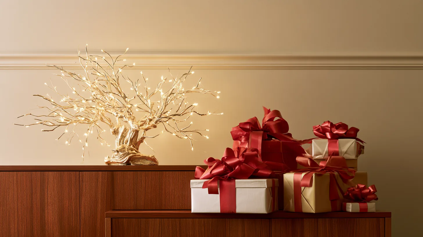 Decorative tree with lights next to wrapped gifts in a warm setting, perfect for holiday-themed online presentations.