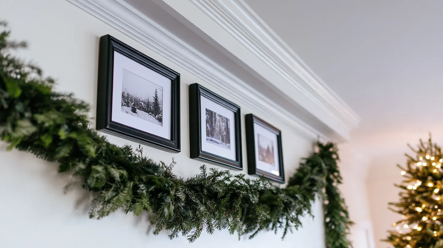 Decorative wall with framed pictures and holiday greenery, creating a cozy atmosphere.