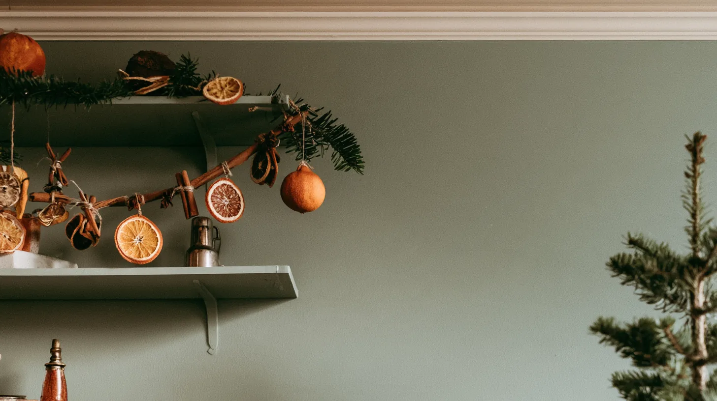 Decorative wall shelves with dried fruits and greenery against a muted green wall.