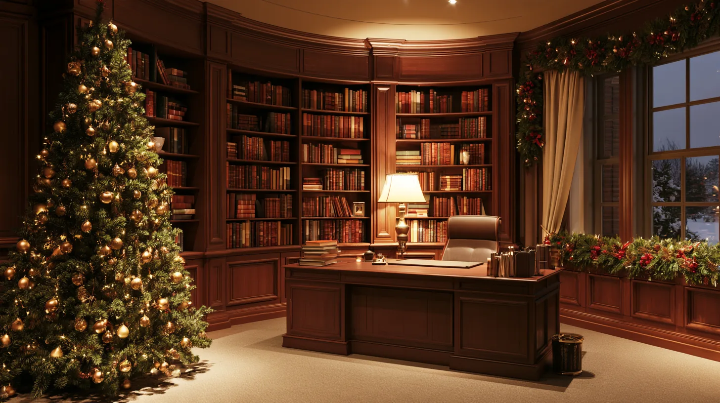 Executive office featuring a decorated Christmas tree and wooden bookshelves, designed for a corporate setting.