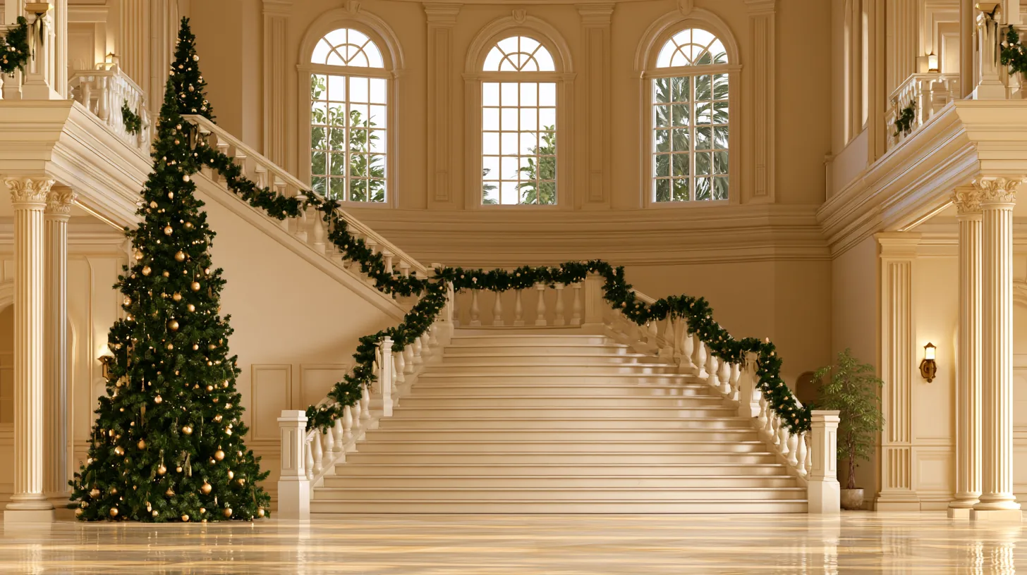 Grand staircase in a historic space decorated with Christmas garlands and a tree, featuring large windows and elegant architecture.