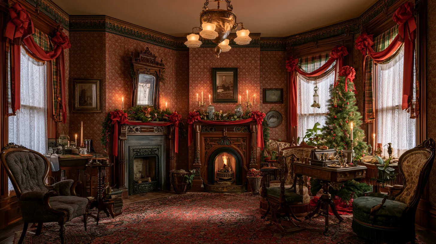 Elegant Historic Room with Christmas Decor | MeetBackdrops Historic room featuring vintage furniture, a decorated Christmas tree, and elegant holiday decor.