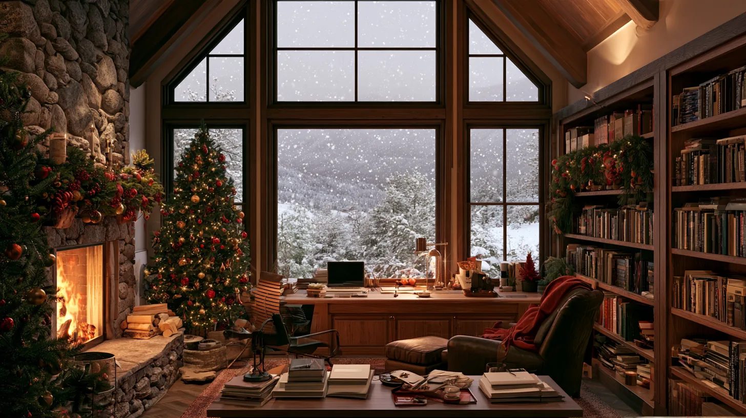 Home office with a Christmas tree, bookshelves, and a snowy landscape visible through large windows.