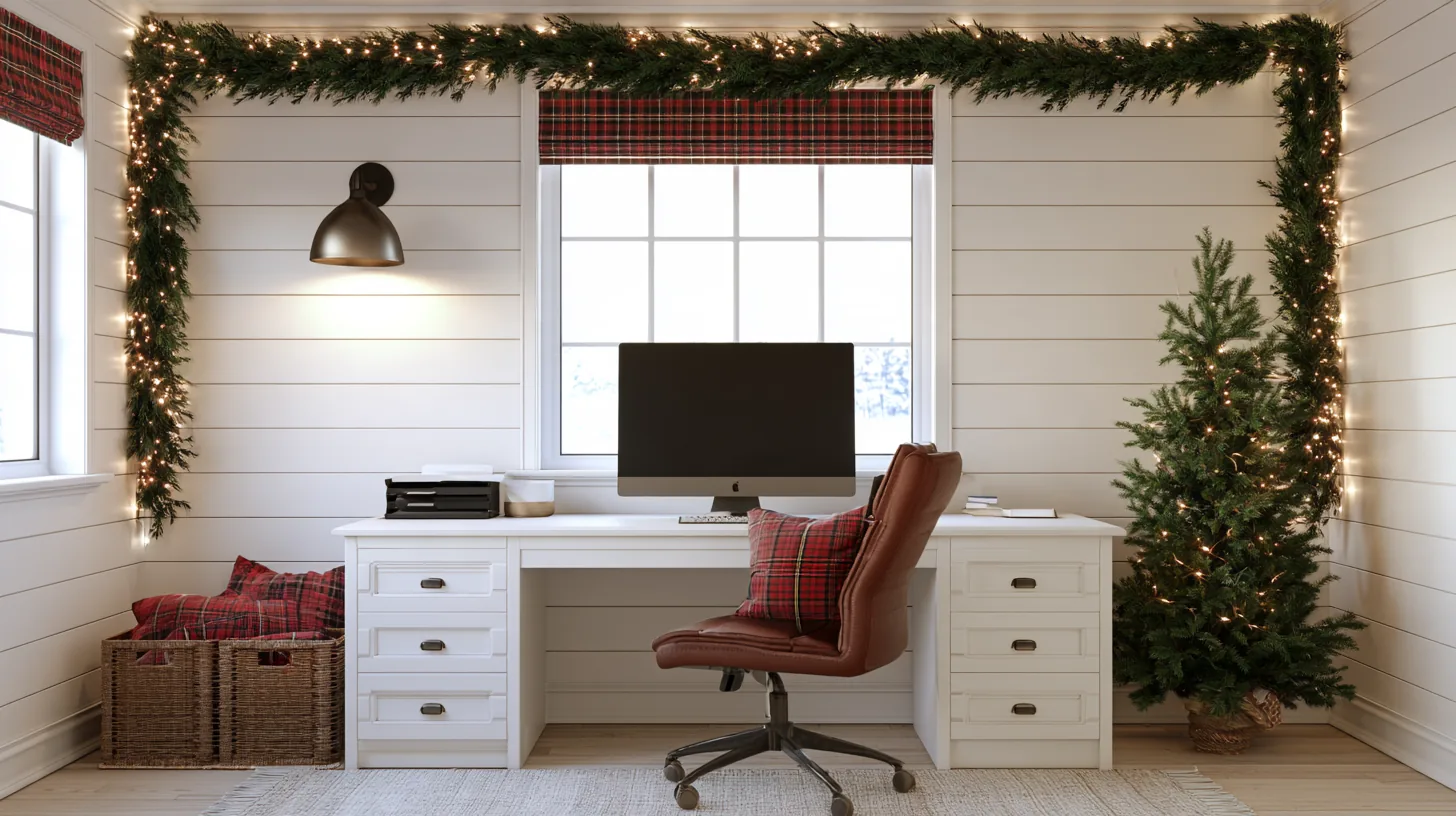 Home office setup with a desk, computer, and Christmas decorations including a tree and garland.