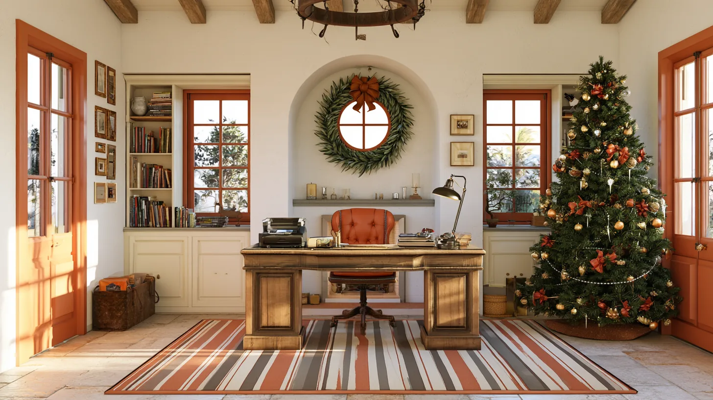 Home office featuring a wooden desk, Christmas tree, and festive decorations with natural light from windows.