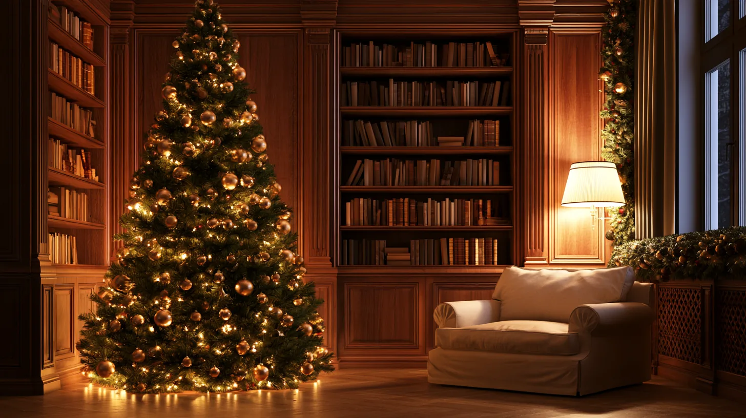 A library featuring a beautifully decorated Christmas tree, wooden bookshelves filled with books, and a cozy armchair illuminated by warm light.
