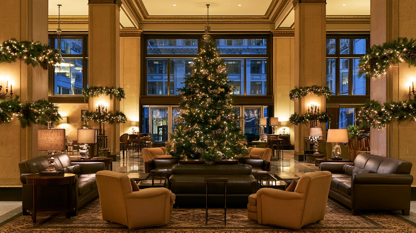 Lobby interior with a Christmas tree and festive decorations, featuring comfortable seating and warm lighting.