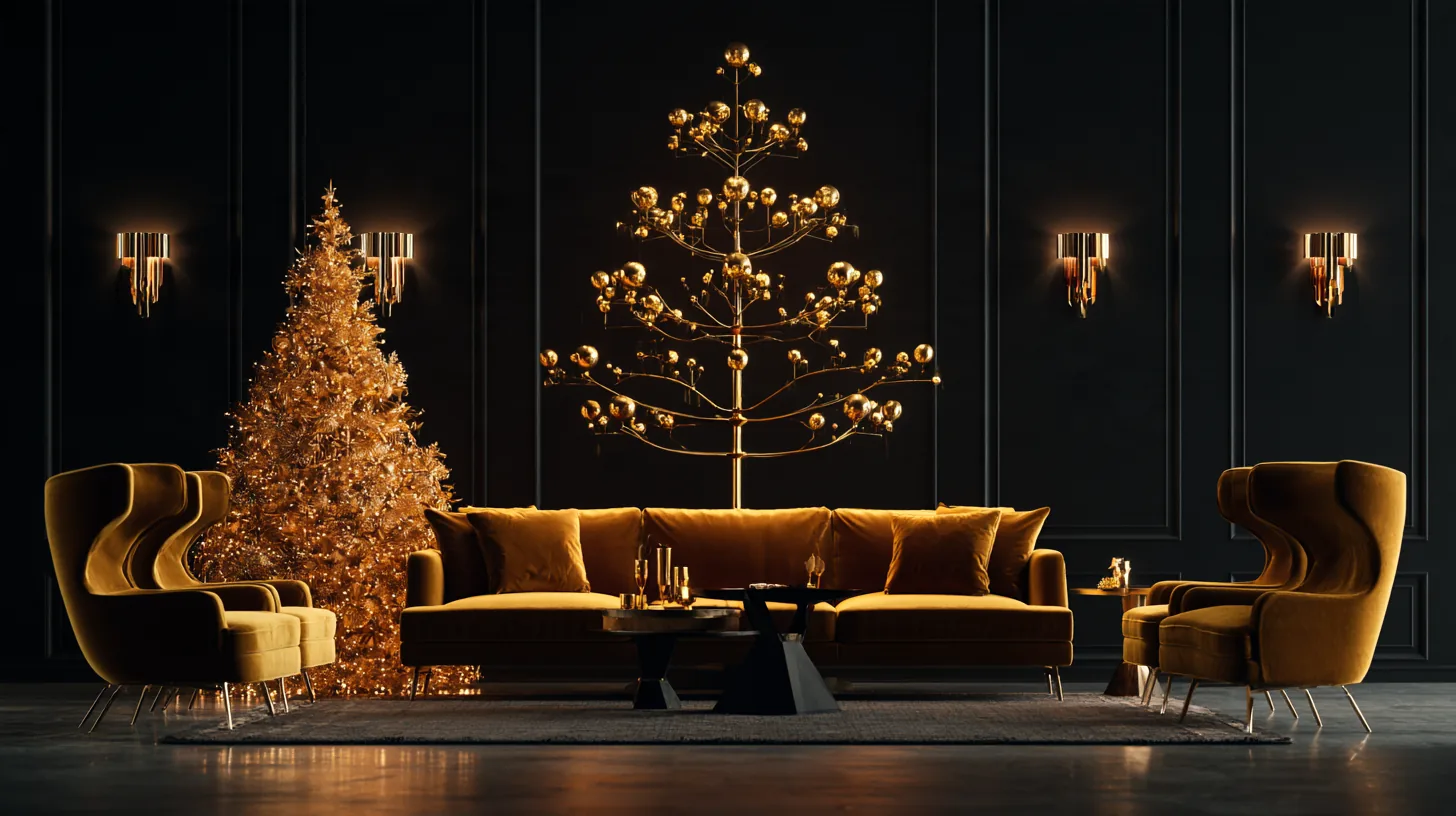 Luxurious living room featuring a golden Christmas tree, stylish seating, and elegant lighting, creating a festive ambiance.