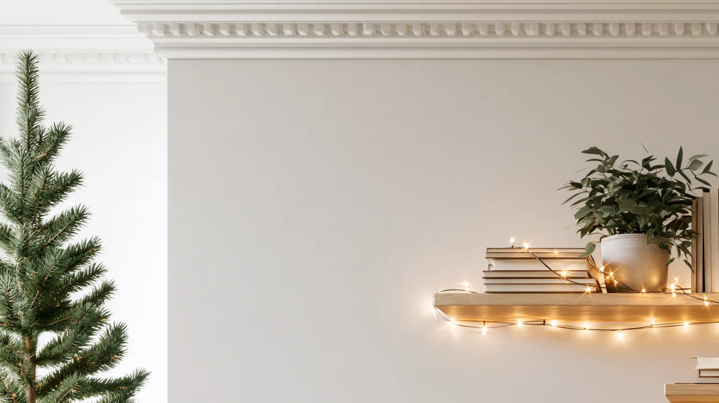 Neutral wall with a minimalist shelf featuring books and a plant, softly lit for a professional setting.
