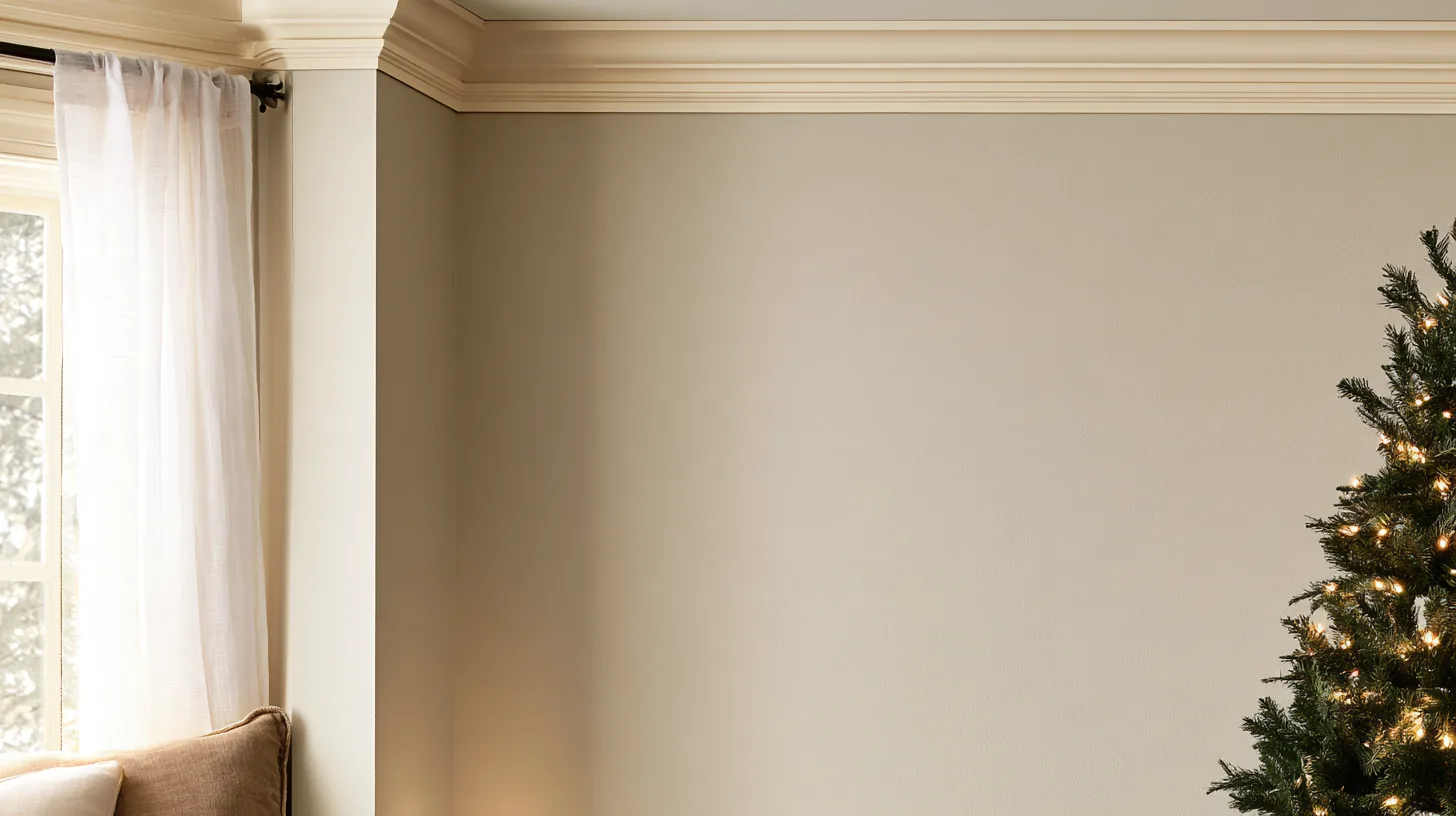 Neutral wall with soft lighting and a Christmas tree in the corner, creating a warm atmosphere.