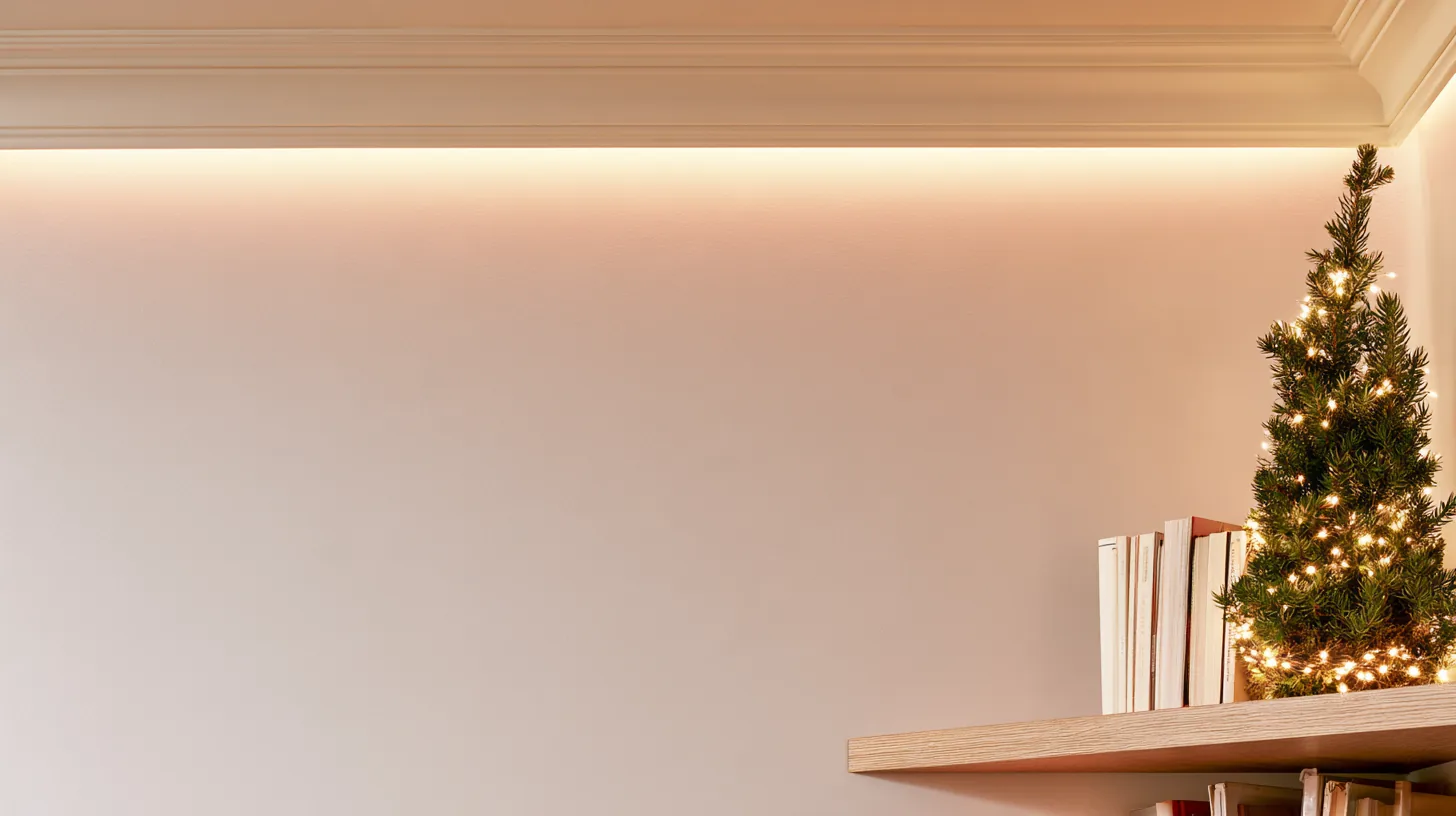 Neutral wall with soft lighting and a small decorated Christmas tree on a shelf.