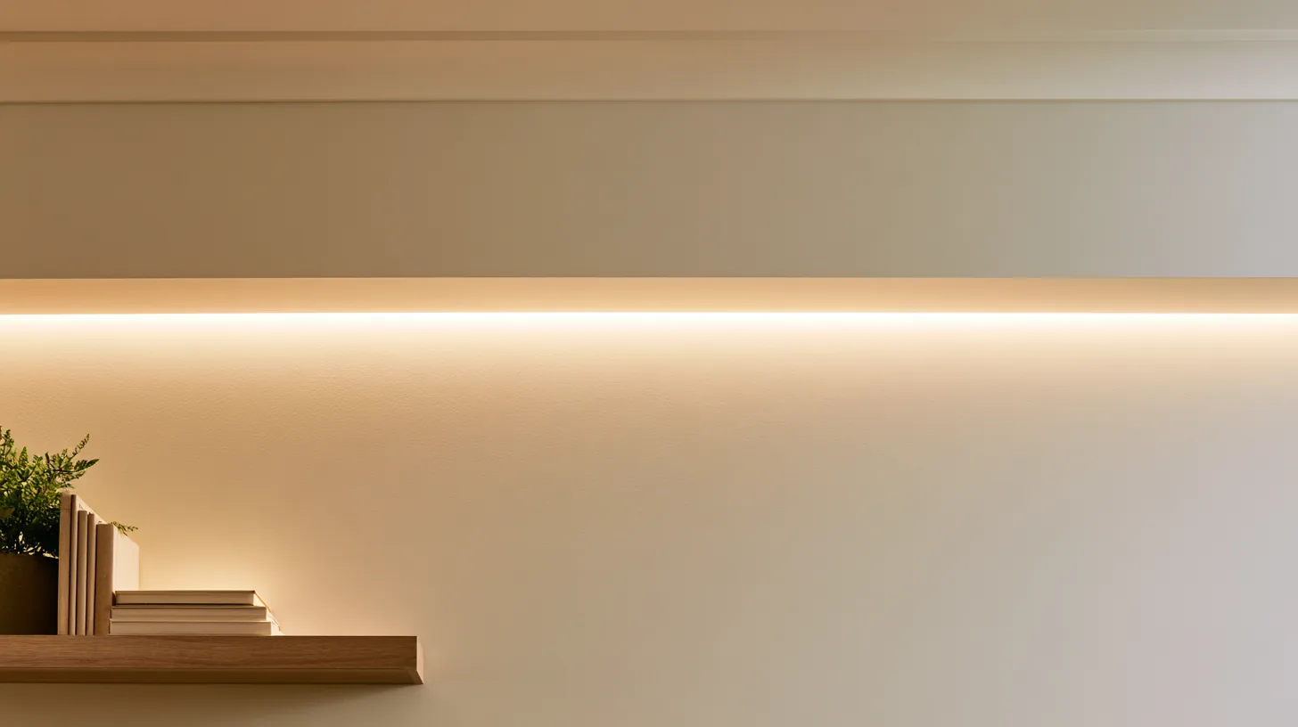 Neutral wall with soft lighting and a small shelf holding books and a plant.