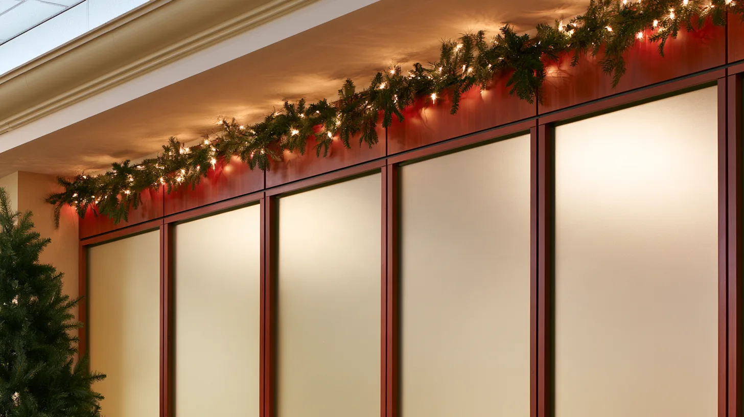 Office space with frosted glass panels and holiday garland, creating a warm and inviting atmosphere.