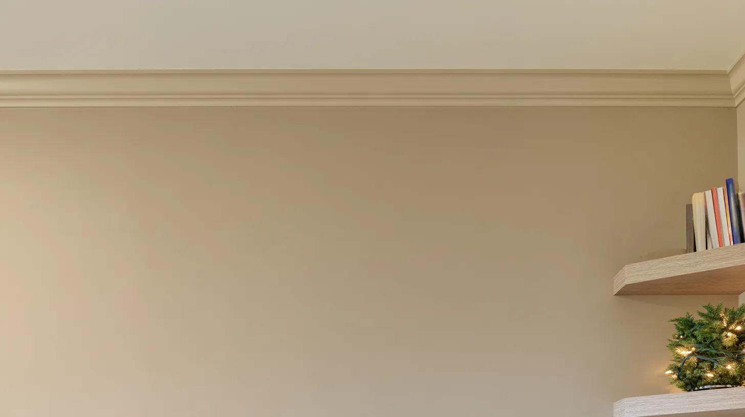 A plain soft neutral wall with subtle texture, featuring a small shelf with books and a decorative plant.