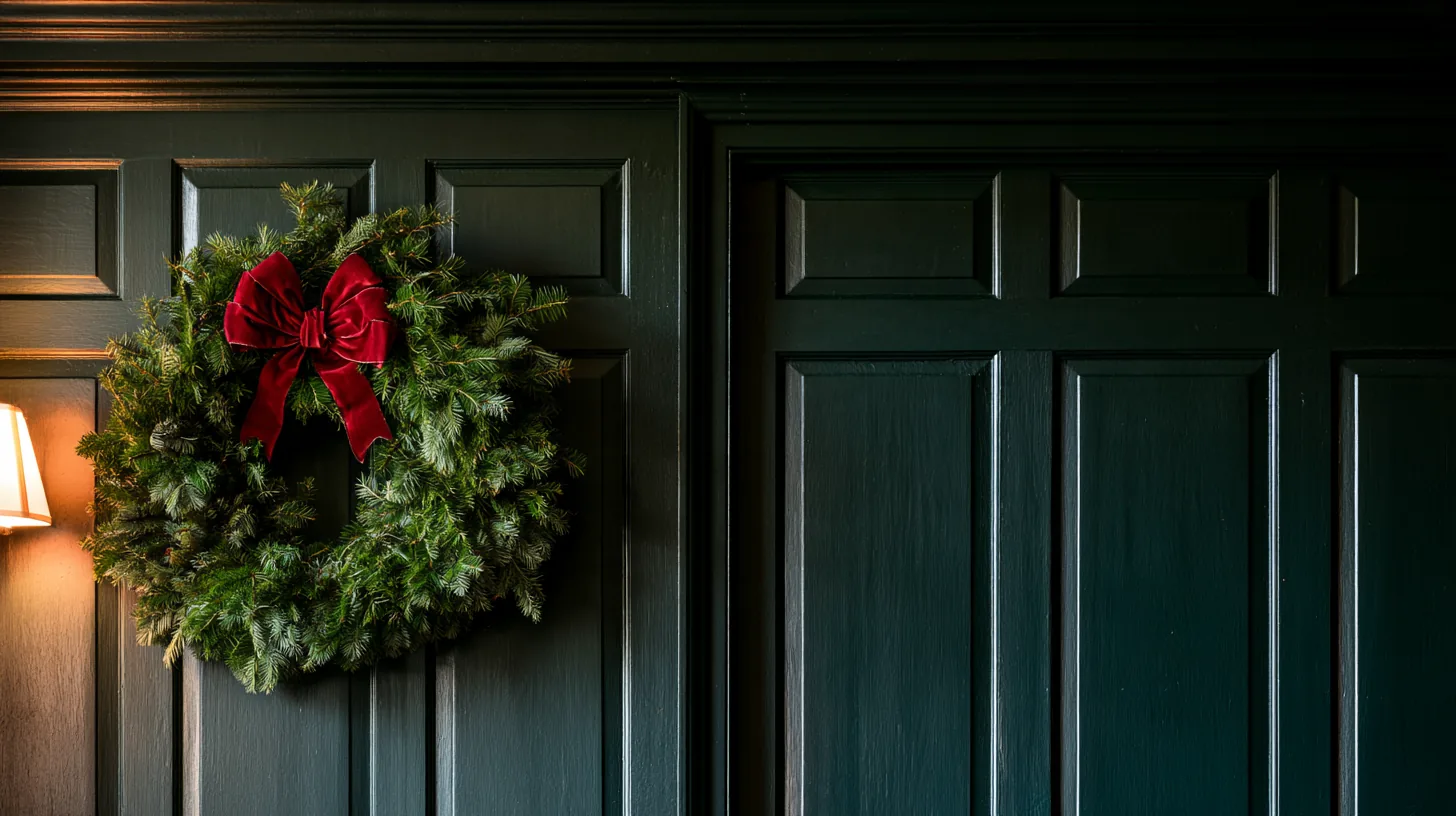 Rich green wall featuring a Christmas wreath with a red bow, enhancing a festive atmosphere.