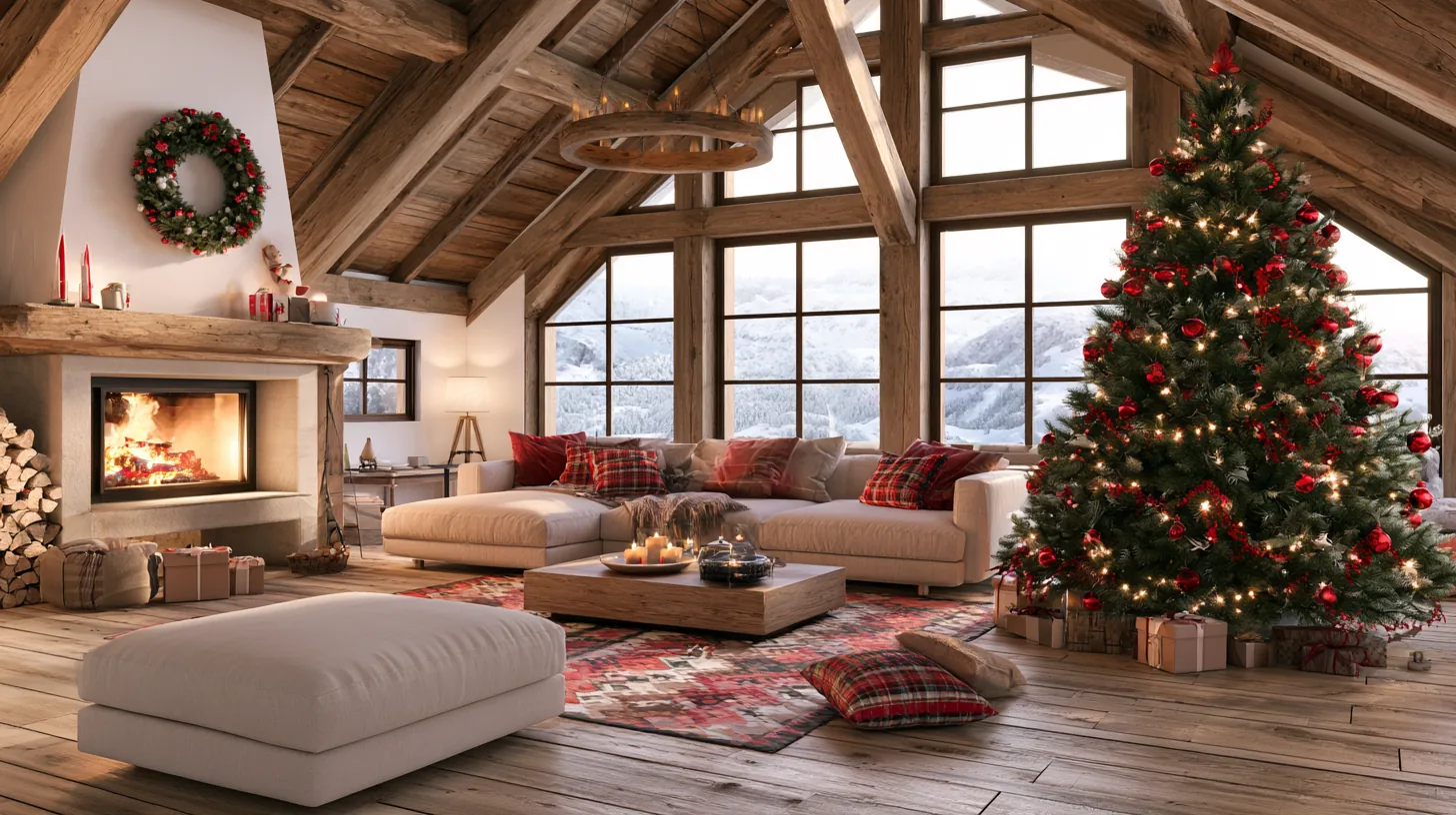 Rustic living room with a Christmas tree, fireplace, and cozy seating, designed for a warm holiday atmosphere.