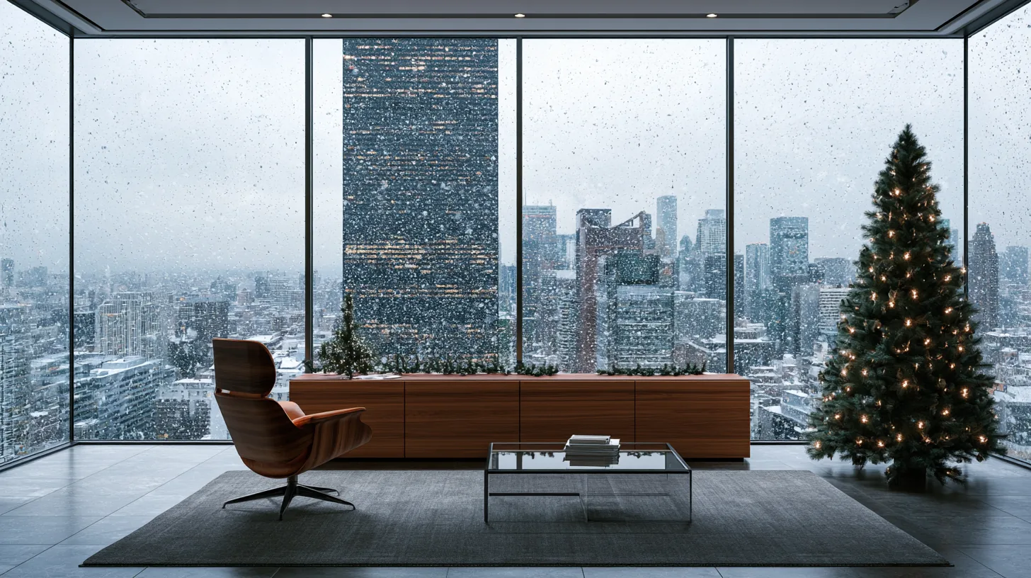 Sleek office interior with large windows showing a snowy cityscape and a Christmas tree in the corner.