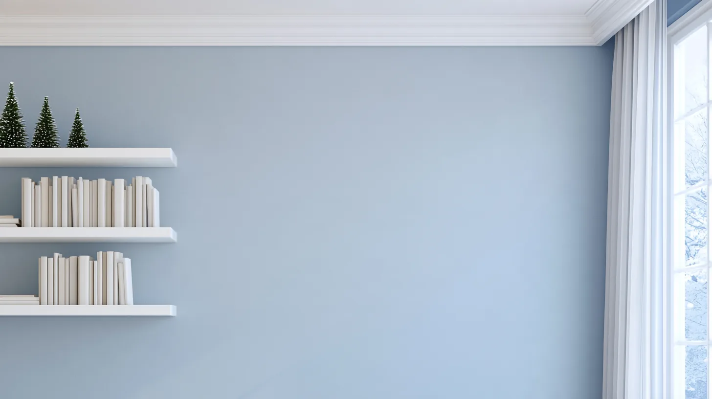 Soft blue wall with floating white shelves holding books and small decorative items.