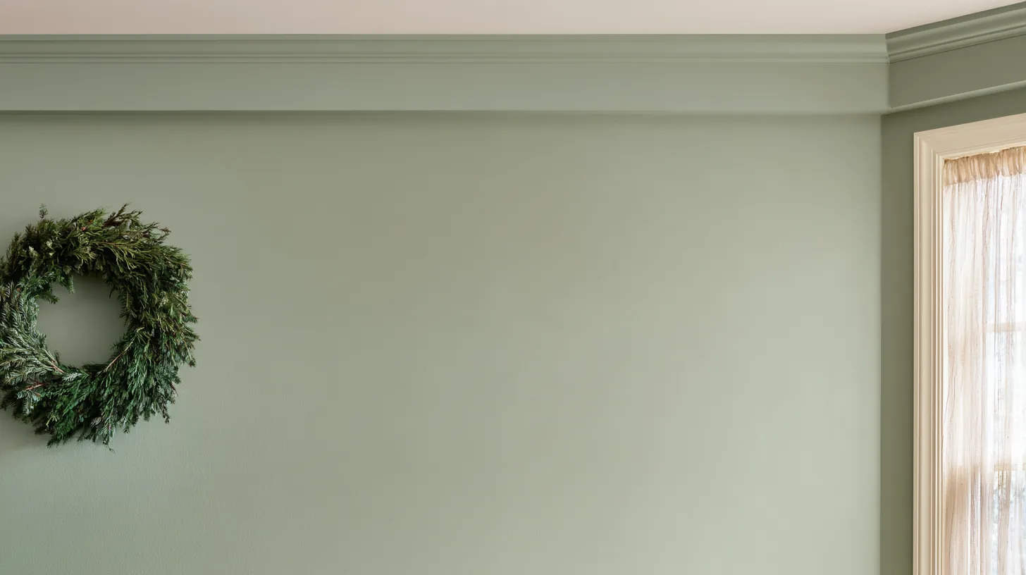 A soft green wall with a simple wreath hanging on it, creating a serene and professional atmosphere.