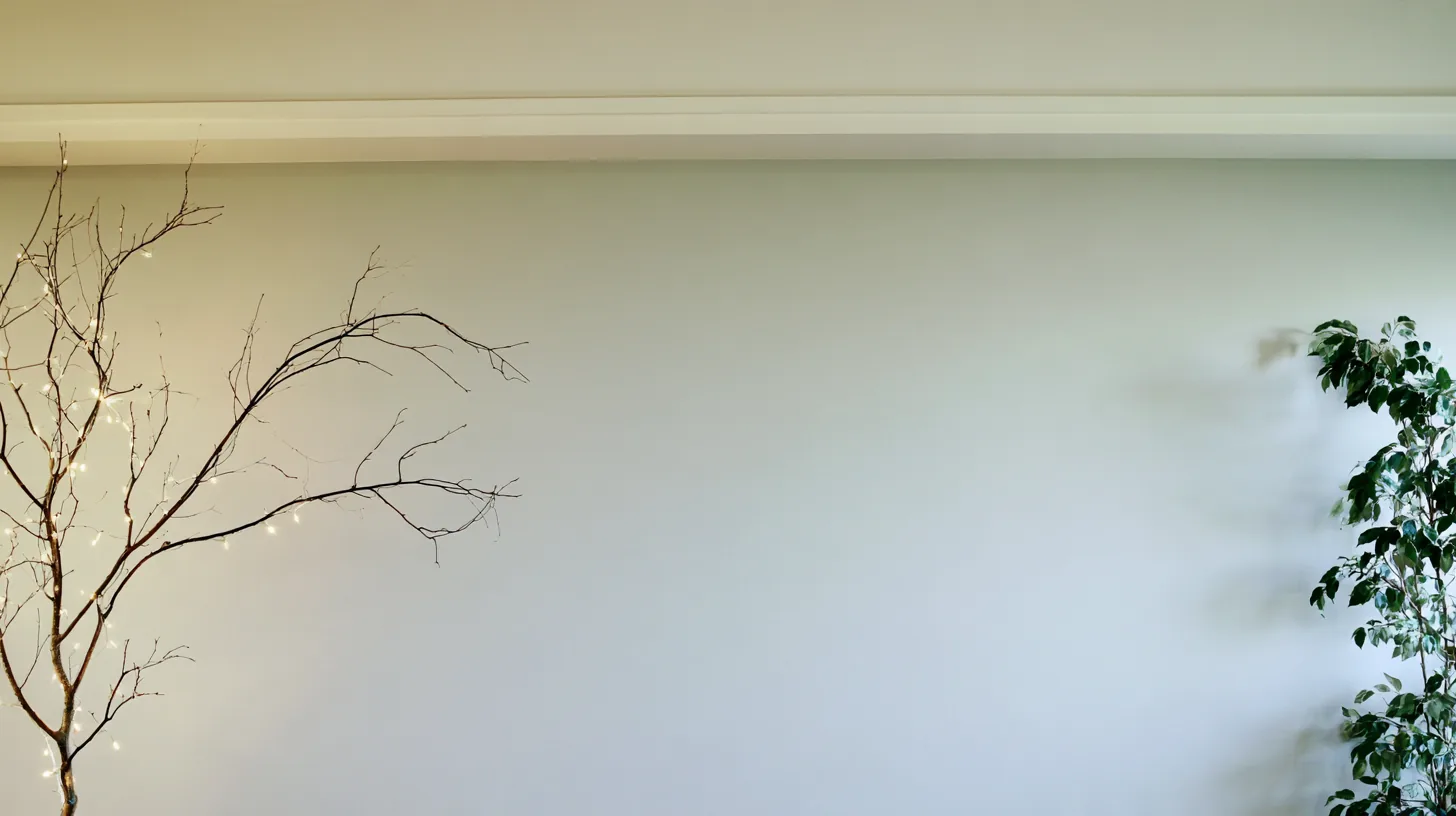 Softly textured wall with a branch and a green plant, creating a serene setting for professional use.
