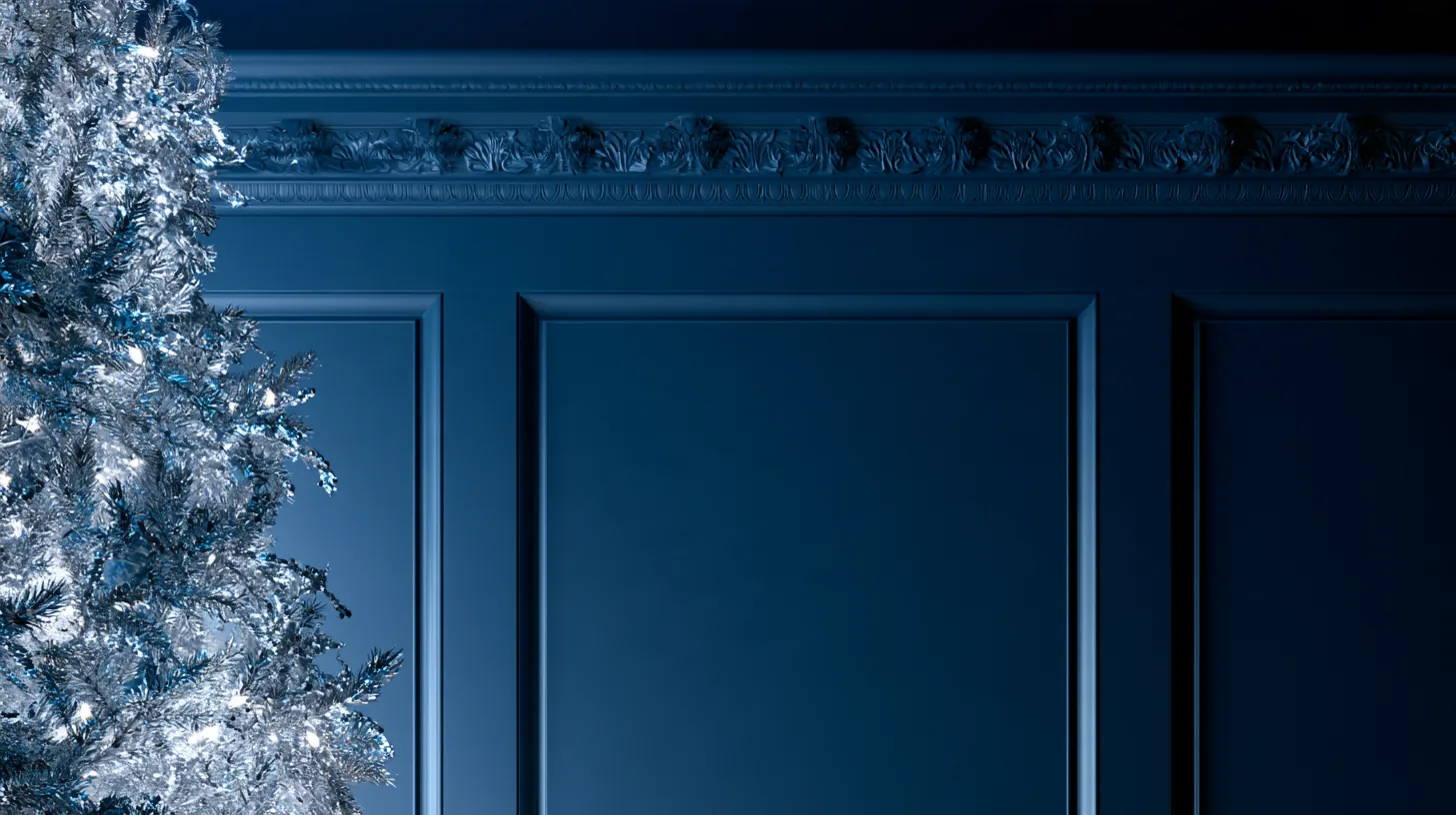 Sophisticated blue wall with decorative trim and a festive Christmas tree adorned with lights.