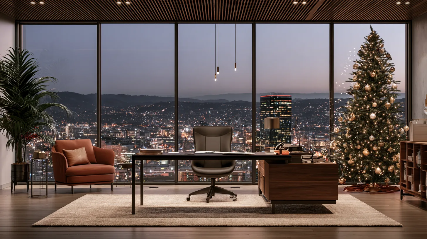 Sophisticated executive office with city skyline view and Christmas tree, featuring modern furniture and warm lighting.