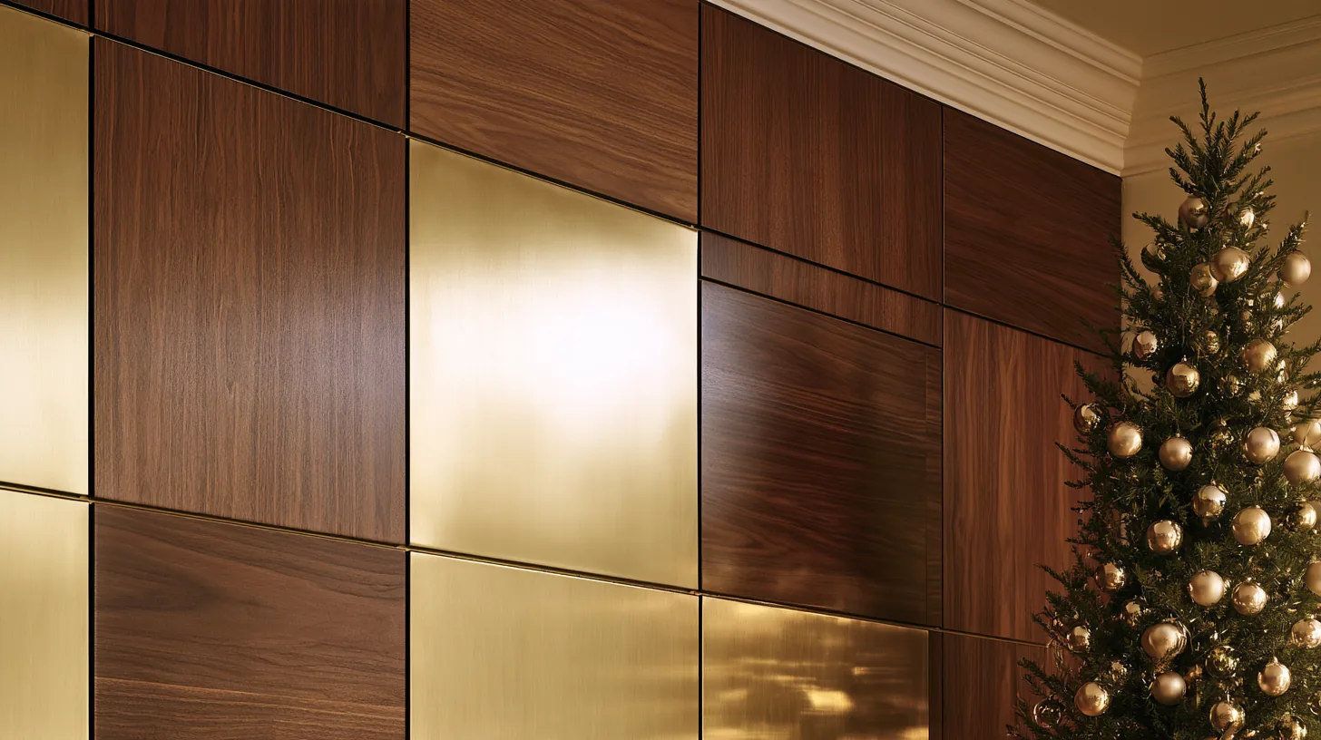 Sophisticated wall design featuring wood and gold panels, with a Christmas tree in the corner.