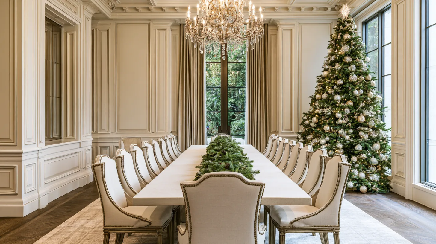 Spacious boardroom with a long table, elegant chairs, and a decorated Christmas tree in the corner.