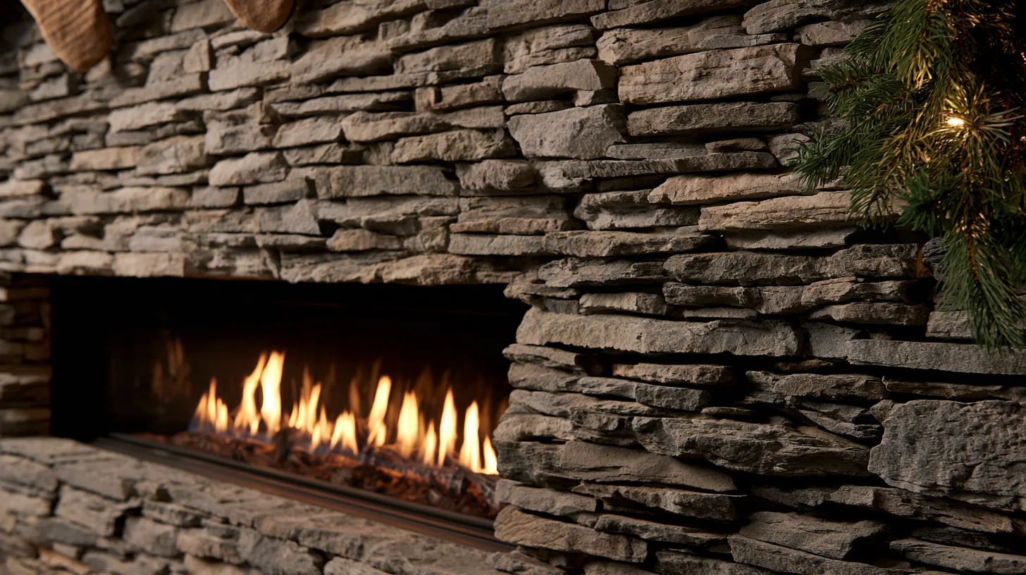 Stone fireplace with flames and holiday greenery, creating a warm and inviting atmosphere for video calls.