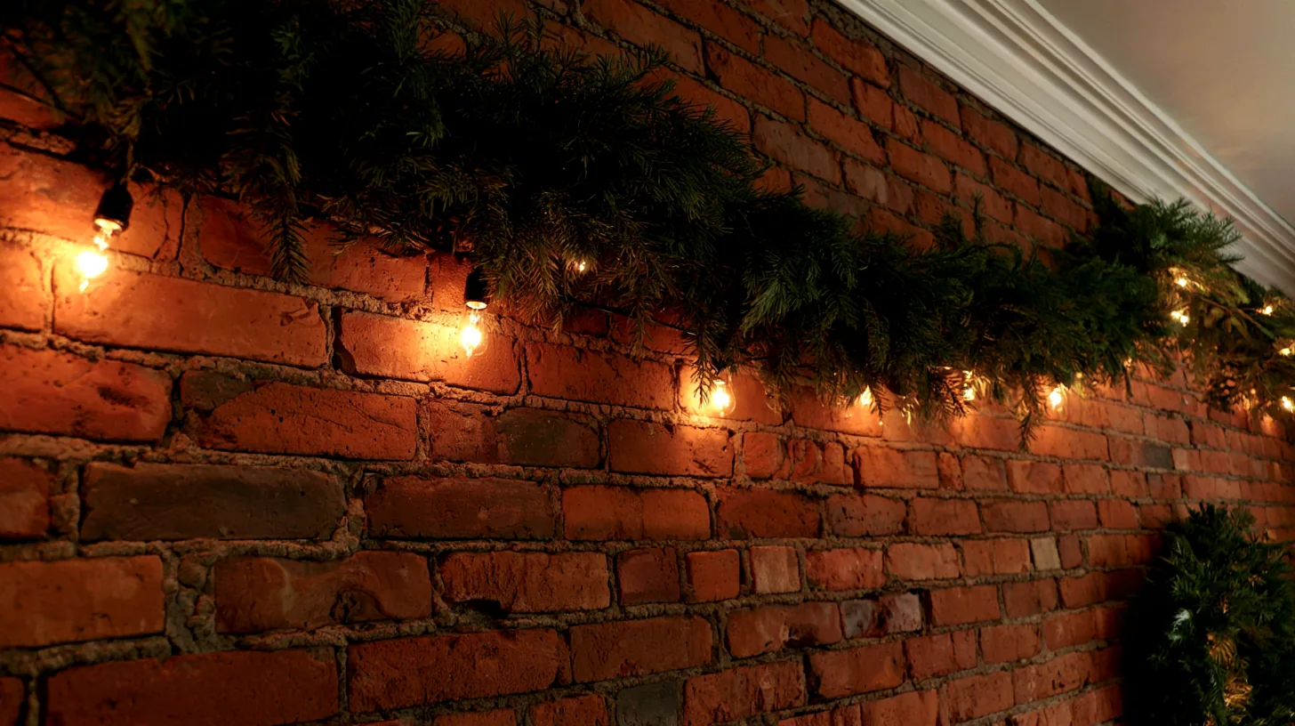 Textured brick wall decorated with warm lights and greenery, creating a cozy atmosphere.