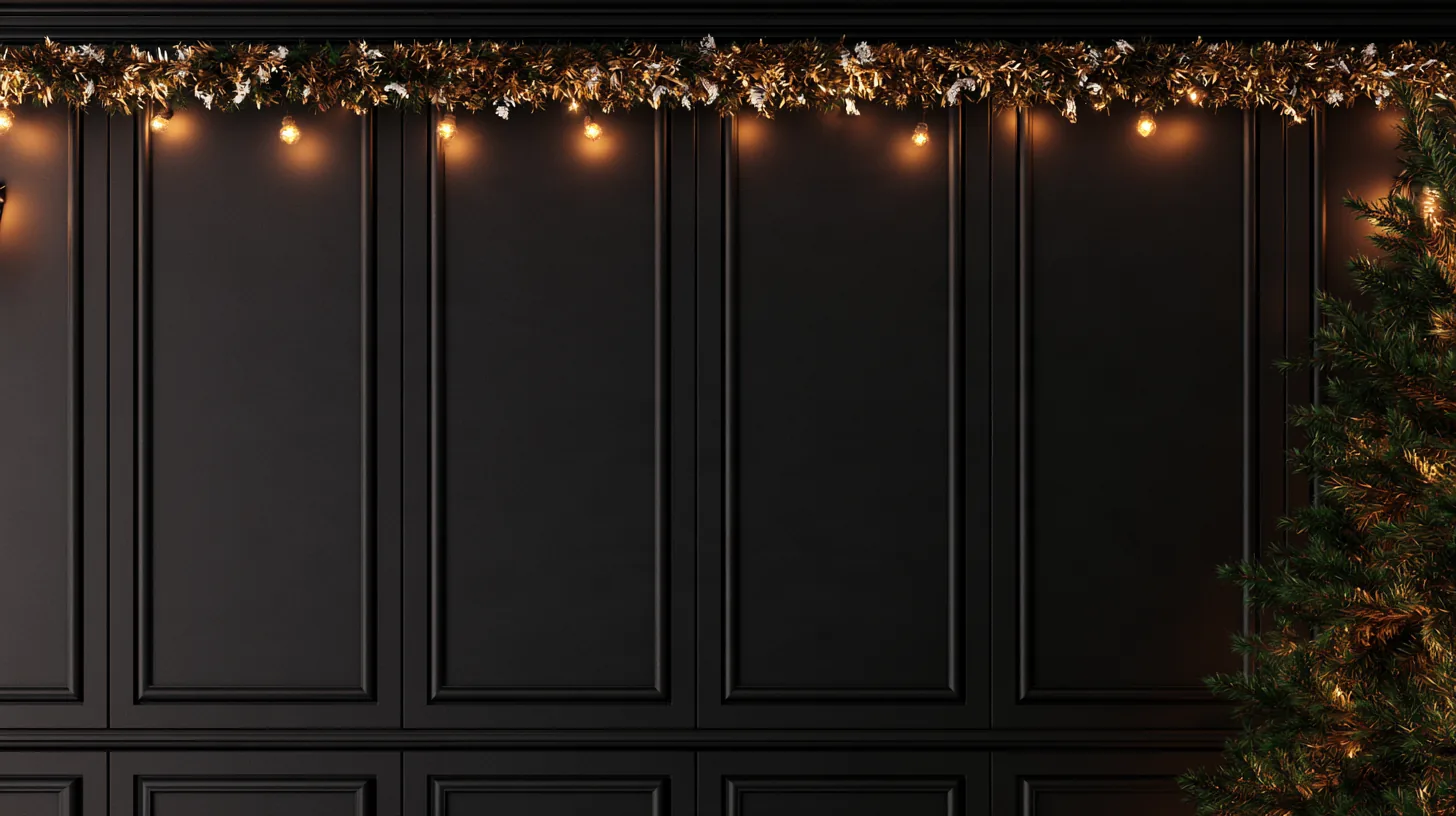 Textured dark wall decorated with garland and lights, suitable for corporate video calls.