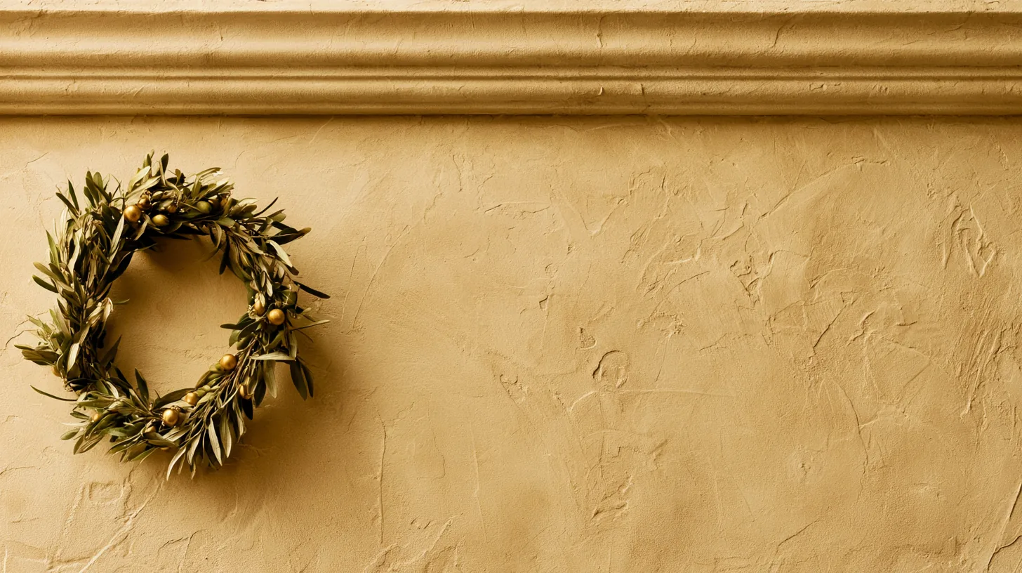 Textured warm-toned wall with an olive wreath hanging on it, suitable for corporate settings.