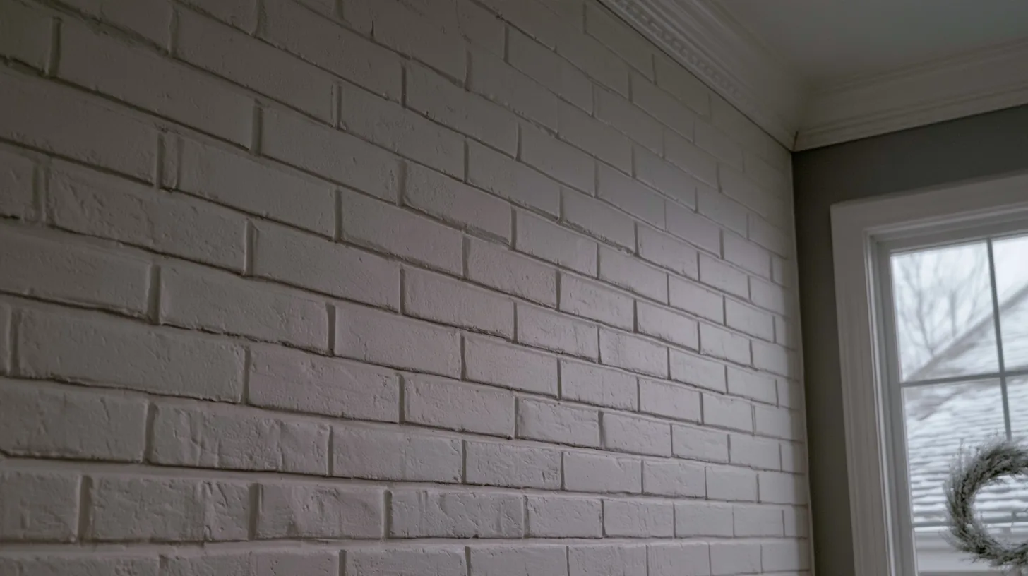 Textured white brick wall with soft shadows, providing a clean and neutral backdrop for video conferencing.