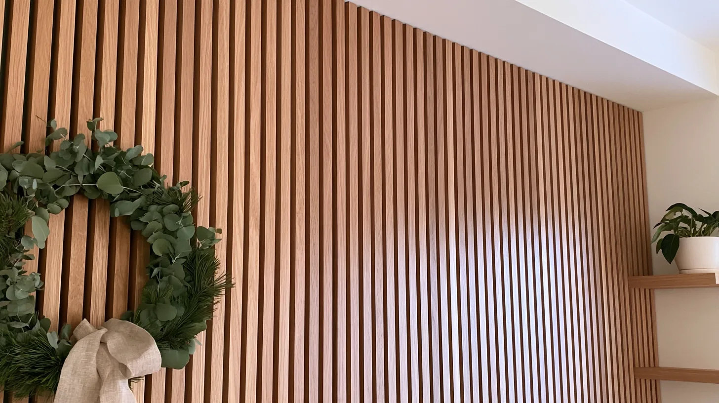 Textured wooden wall with vertical slats and a green wreath on the left side.