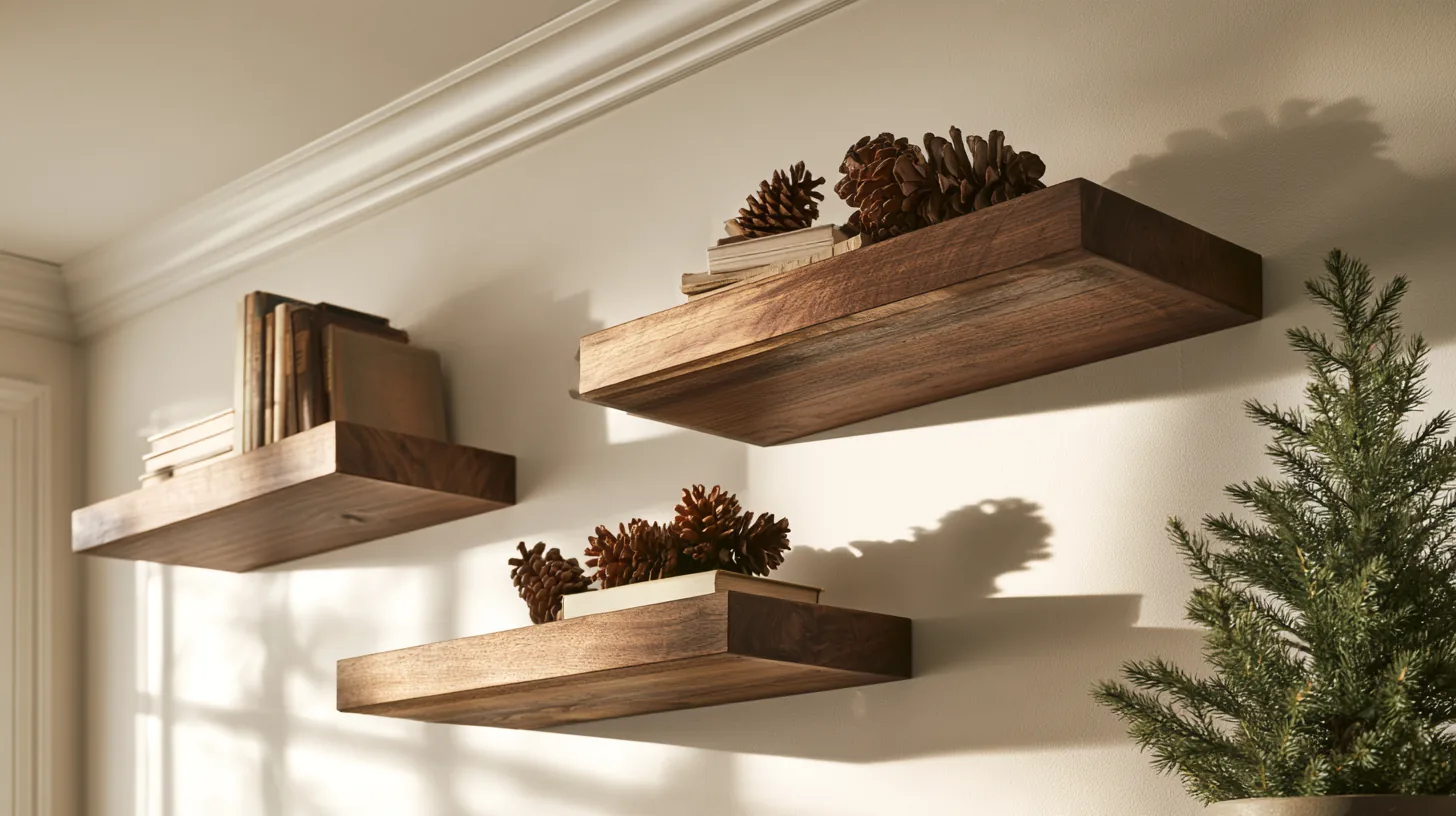 Three wooden wall shelves with books and pinecones, set against a neutral wall, creating a cozy and professional ambiance.