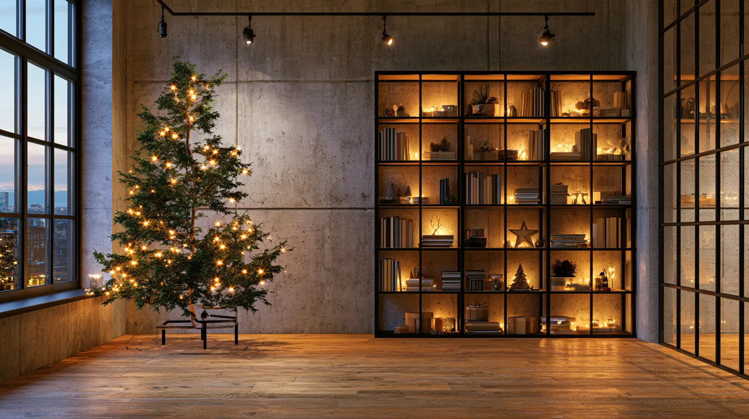 An urban loft with concrete walls, wooden floors, a Christmas tree adorned with lights, and a stylish bookshelf filled with decorative items.