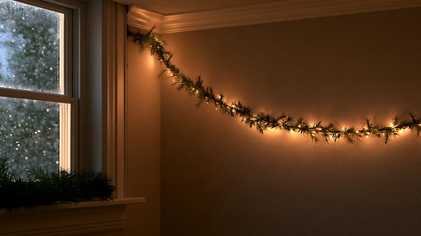 A warm neutral wall decorated with soft holiday lights, creating a cozy atmosphere.