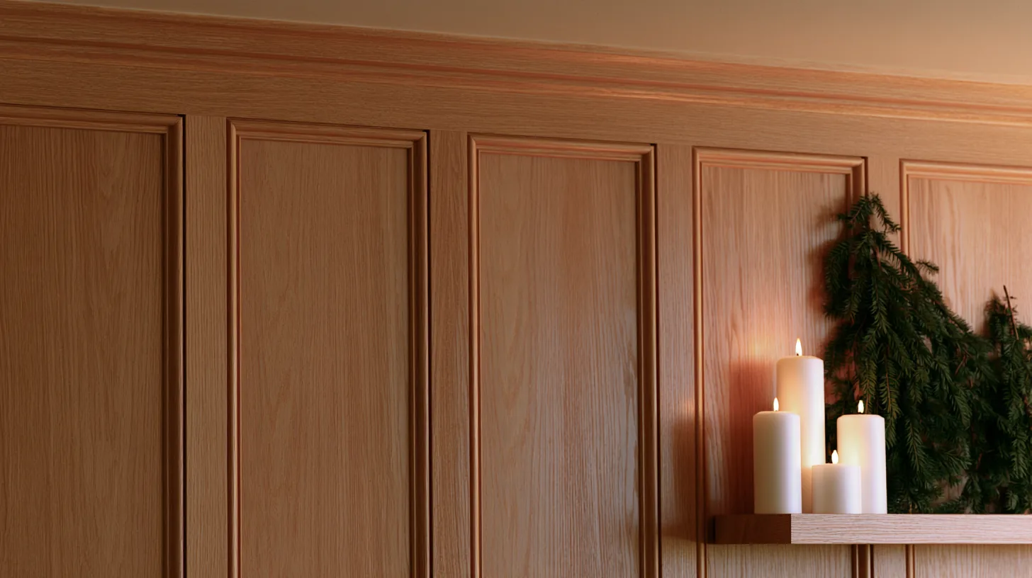 Warm wood paneling with candles and greenery, creating a cozy yet professional setting.