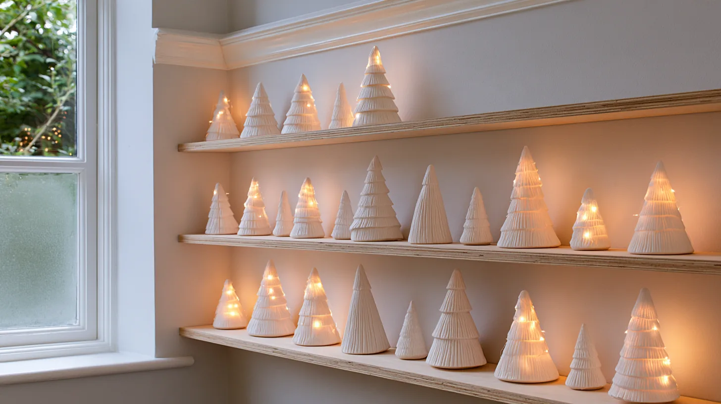 White ceramic Christmas trees with warm lights displayed on wooden shelves against a neutral wall.