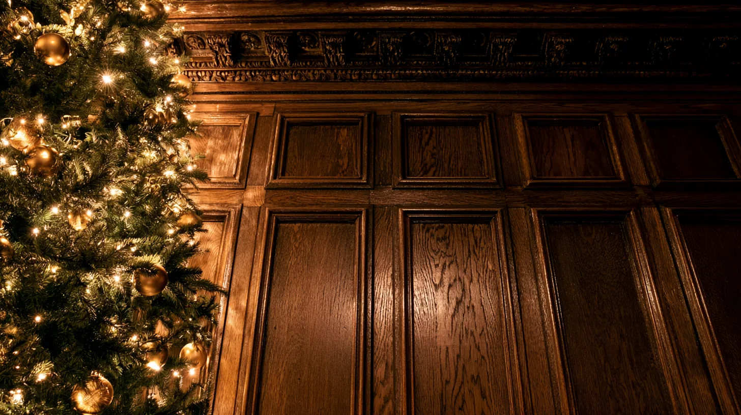 Wood paneling with a decorated Christmas tree featuring golden ornaments and warm lights.