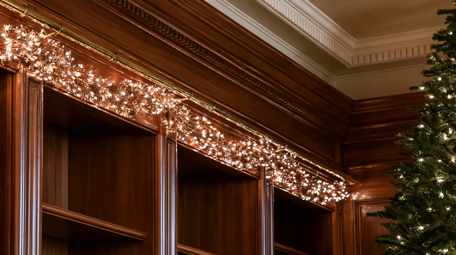 Wooden bookshelves decorated with sparkling lights, creating a cozy and festive atmosphere.