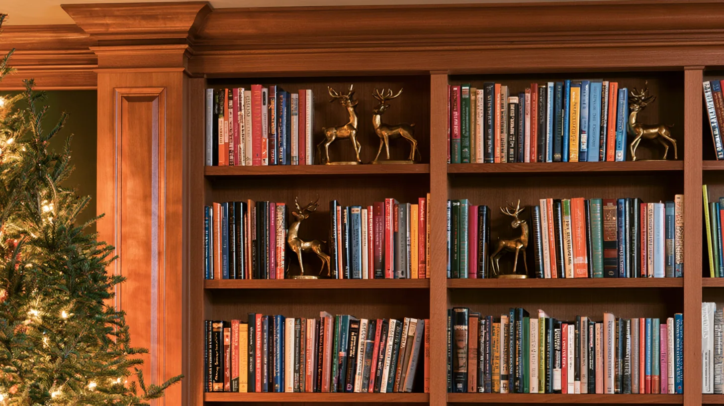 Wooden bookshelves filled with colorful books and decorative objects, suitable for a corporate video call setting.