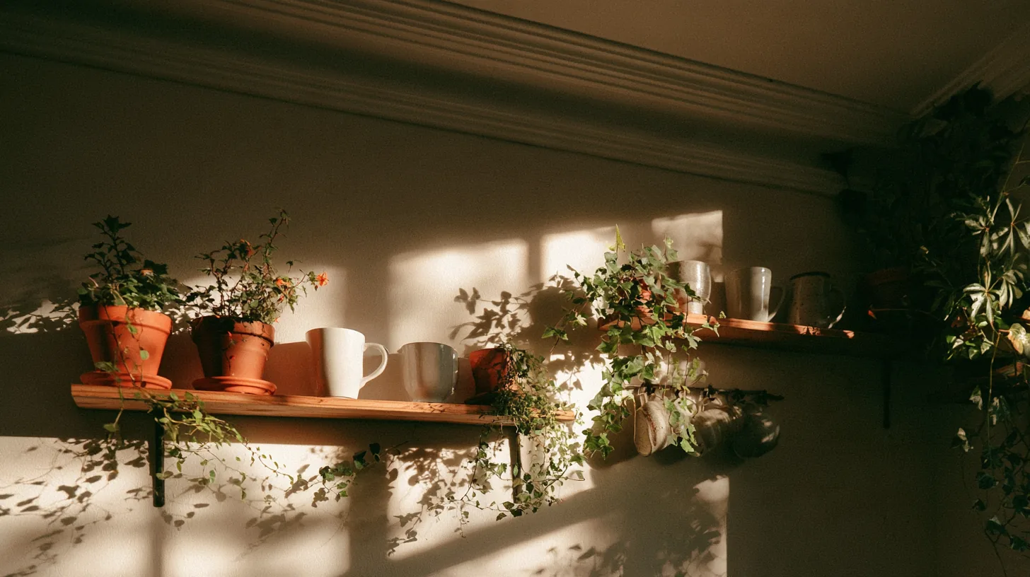 Wall shelves featuring potted plants and mugs, casting soft shadows in a well-lit setting.