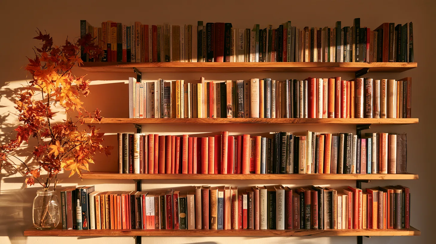 Bookshelves filled with colorful books and autumn leaves in a vase, creating a warm and inviting atmosphere.