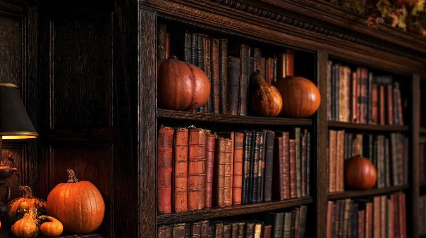 Bookshelves filled with vintage books and decorative pumpkins, creating a cozy autumn atmosphere.